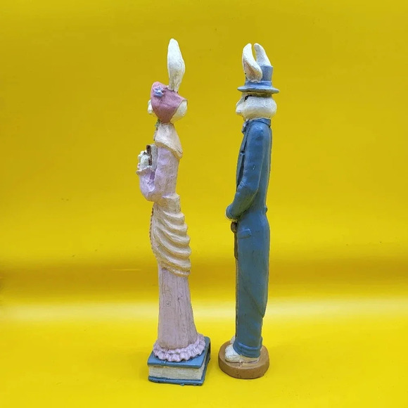 Easter Mr Mrs Bunny Rabbit Pencil Figurine Set of 2 Tall Skinny 7.5 Inch - Picture 4 of 6